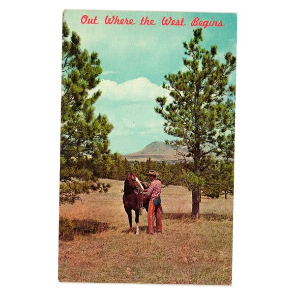 Out Where West Begins Vintage Postcard Man Horse Nature Don Grigg Dexter Press - Picture 1 of 2
